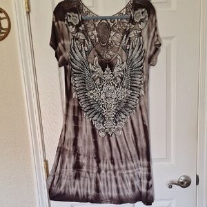 Vocal Taupe Tie-Dye Short Sleeve Tunic Dress with Silver Embellished Wing Motif